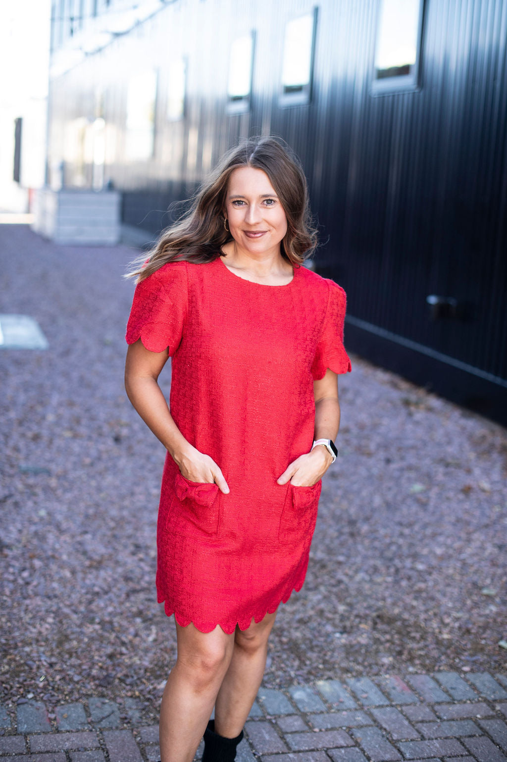 Red Puff Sleeve Scalloped Dress