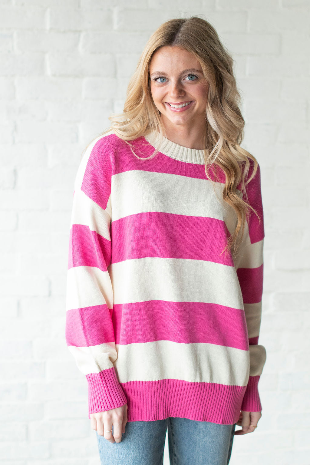 Cream + Hot Pink Stripe Sweater