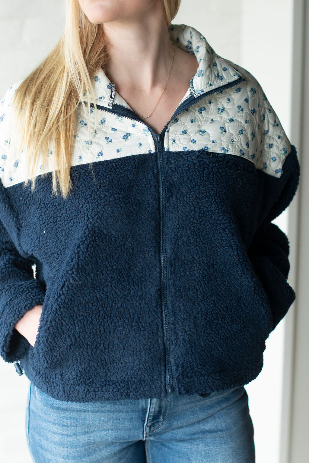 Navy Floral Fleece Zip Jacket