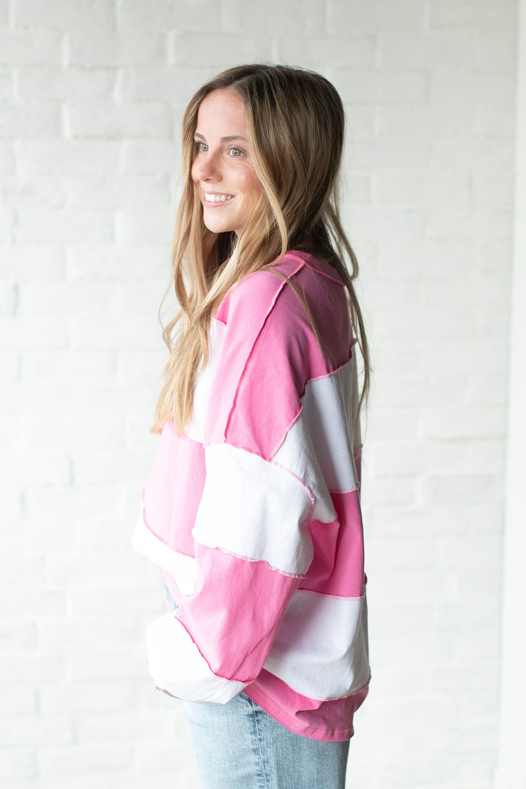 Pink + White Stripe Oversize LS Top