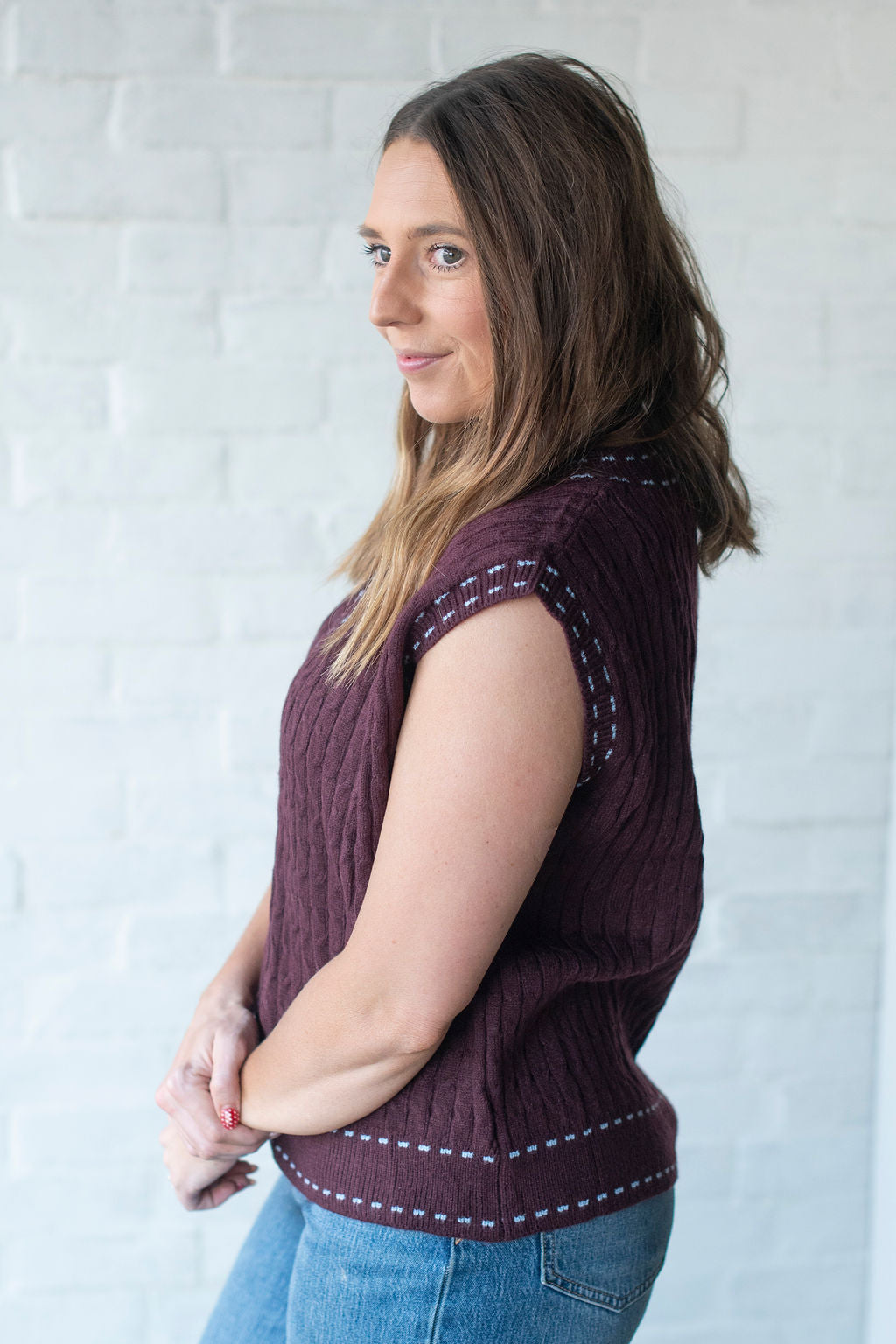 Chestnut + Blue Trim Sweater Vest