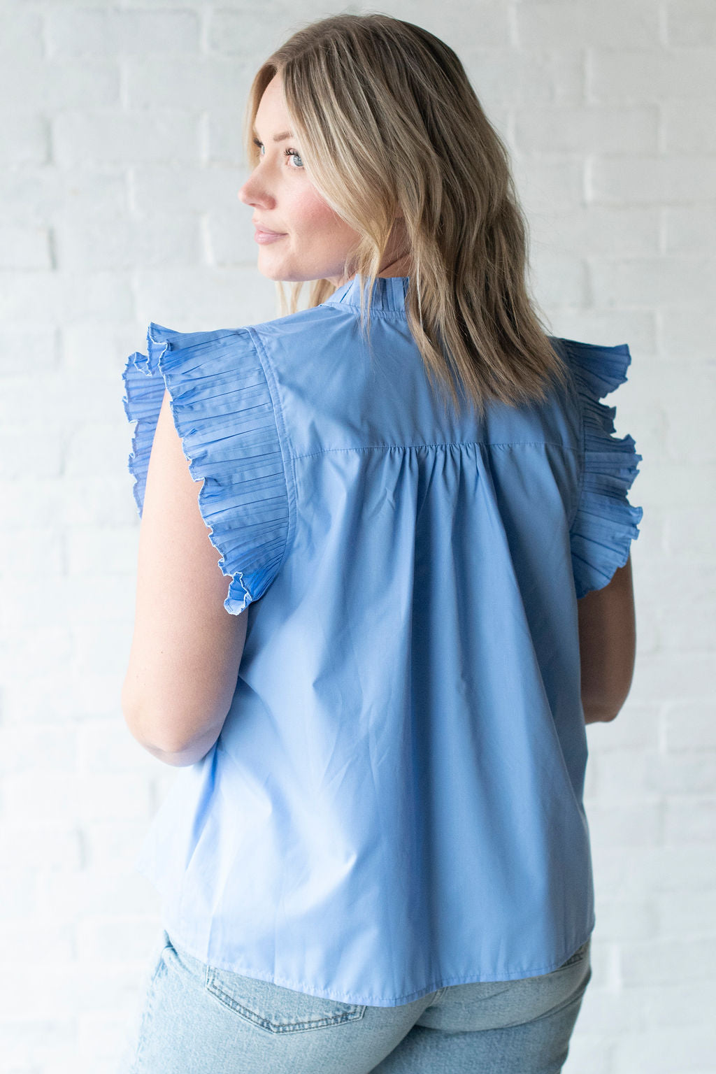 Blue Pleated Ruffle Blouse