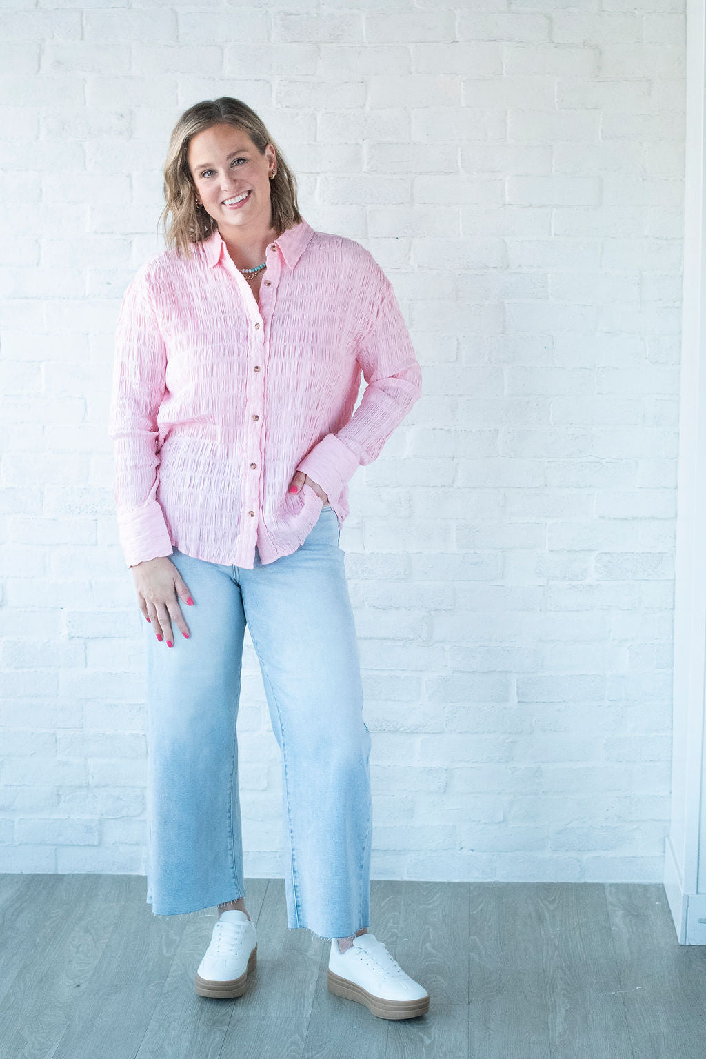 Pink Collared LS Textured Blouse