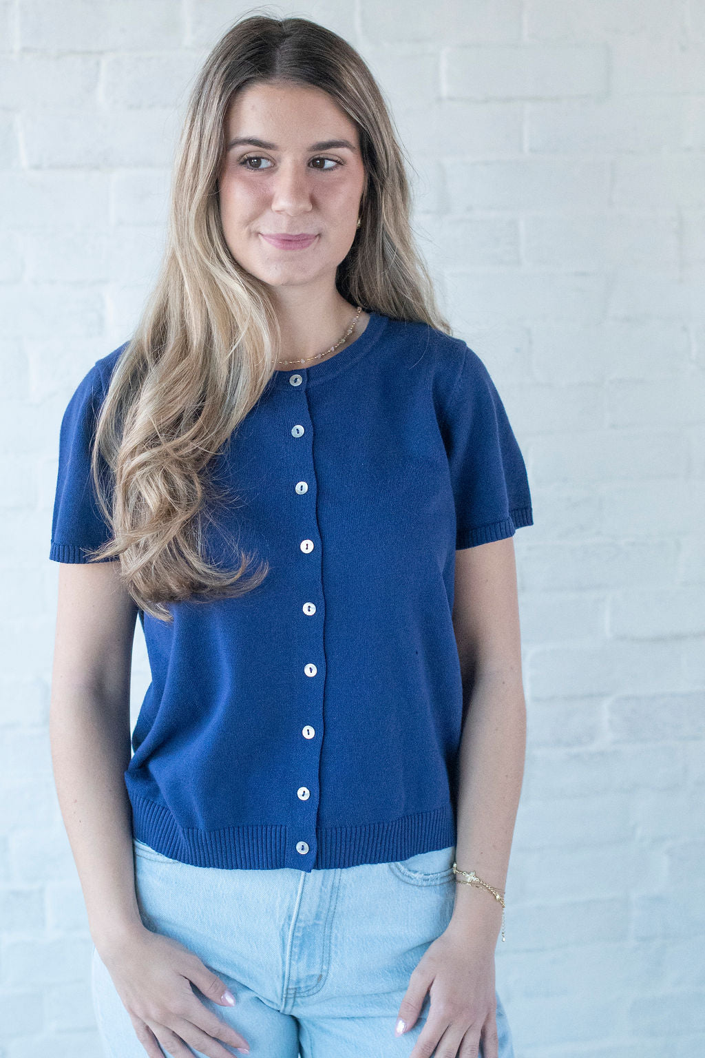 Navy Button Up SS Sweater