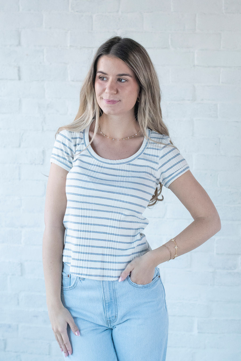 Blue + Ivory Stripe Cap Sleeve Tee