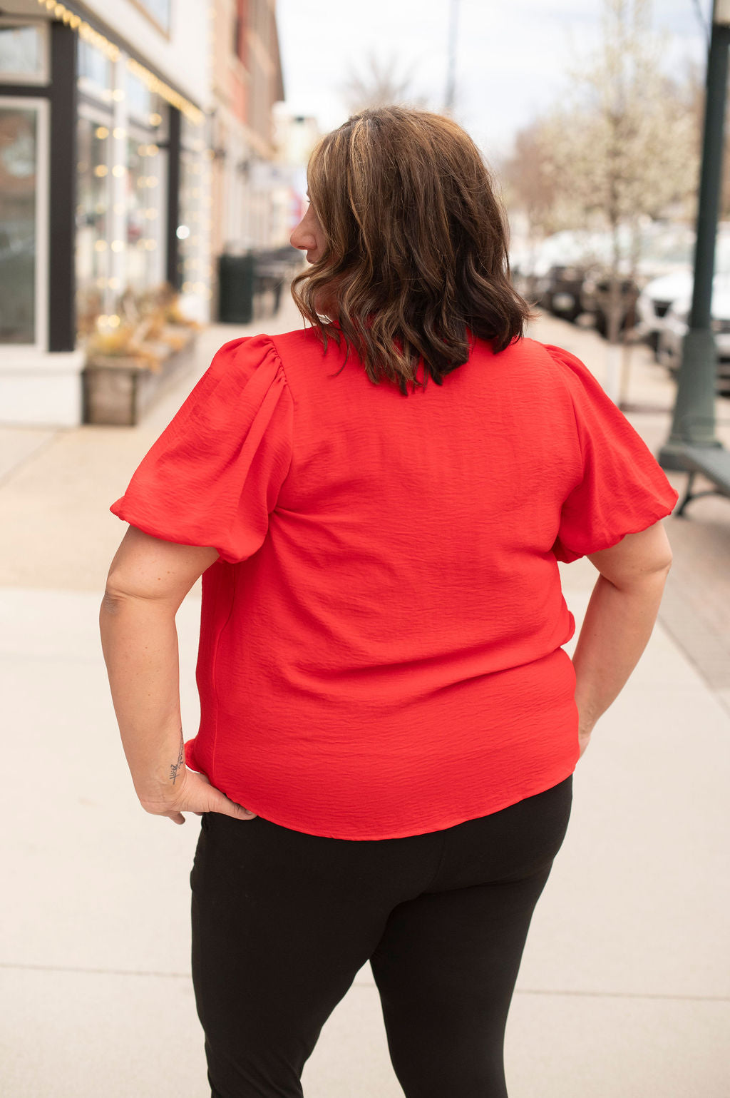 Red Puff Sleeve Tie Blouse