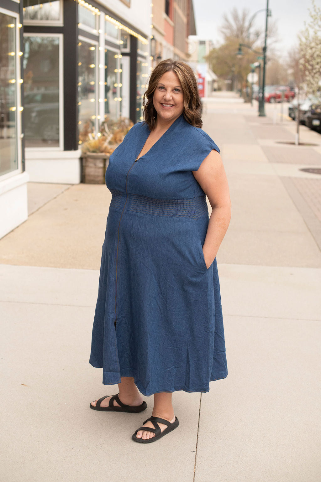 Denim Smocked Zip Dress 1XL