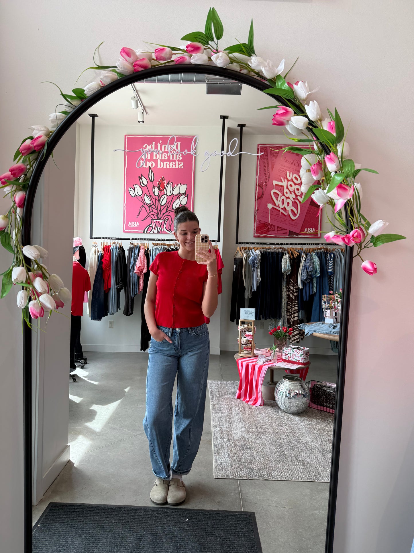 Red Cap Sleeve Button Top