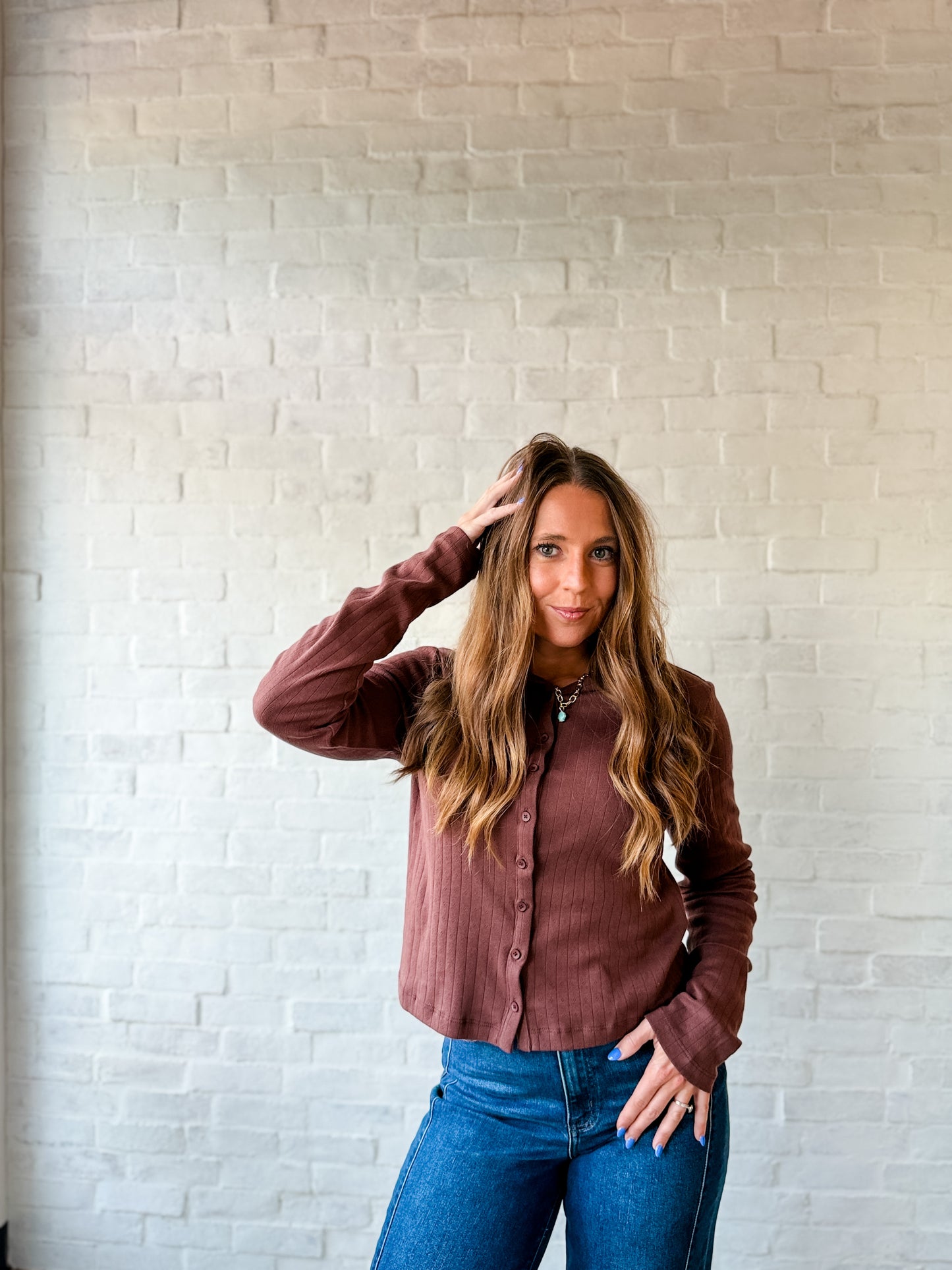 Espresso Pointelle Collar Button Top
