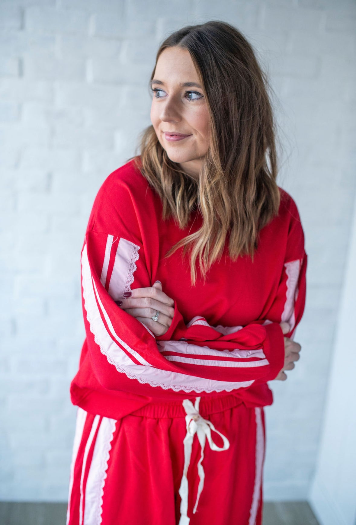 Red French Terry Lace Trim Top