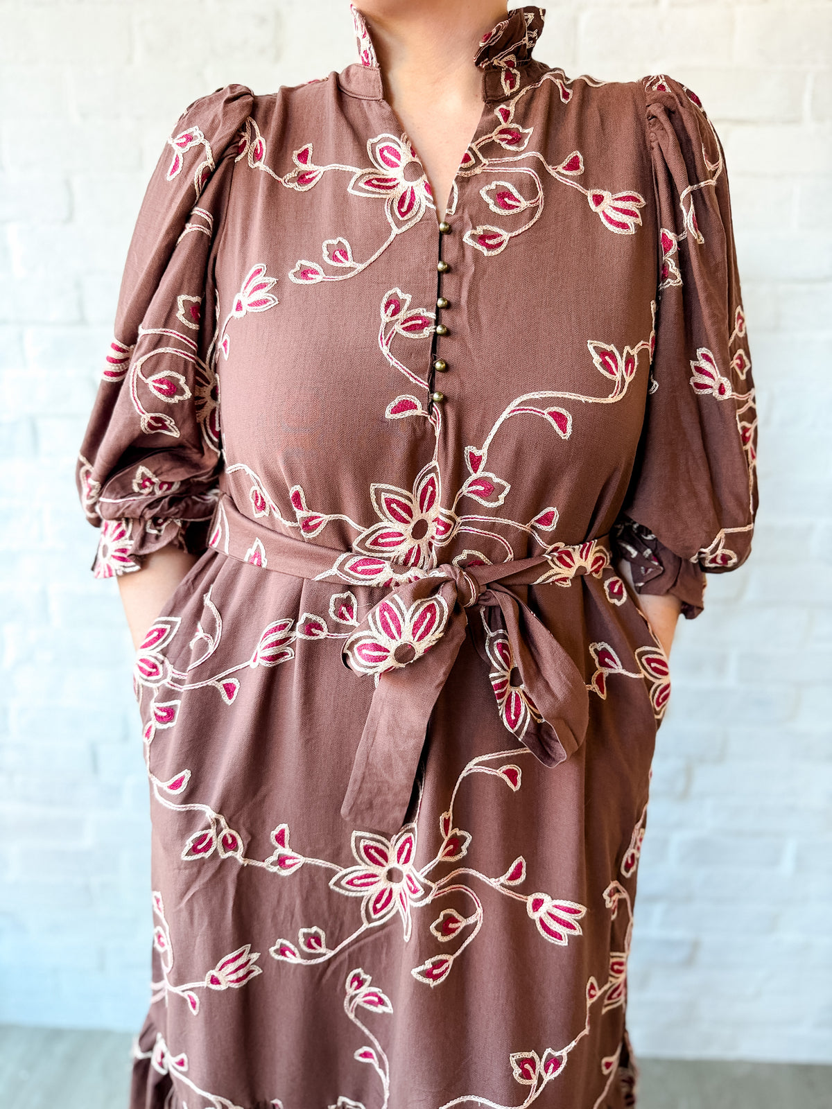 Brown Floral Belted Midi Dress
