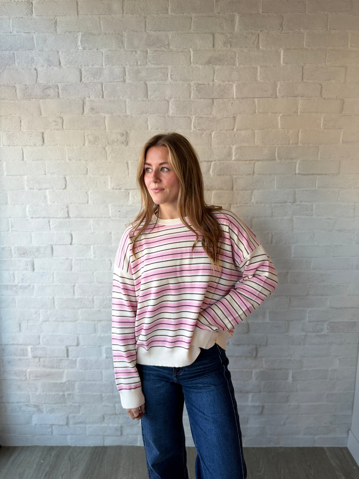 Cream + Pink Stripe Crewneck