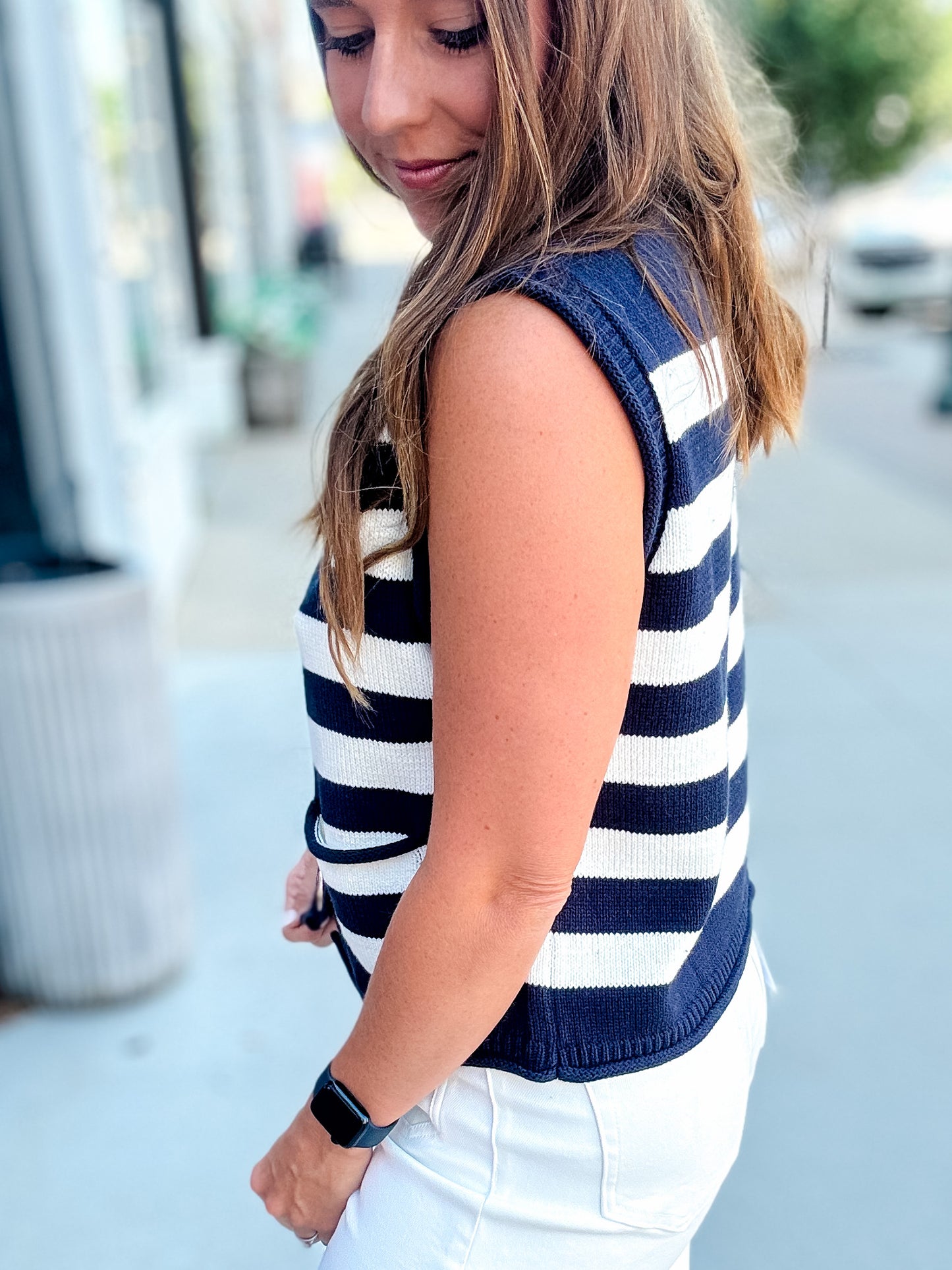 Navy + White Stripe Gold Button Sweater Tank