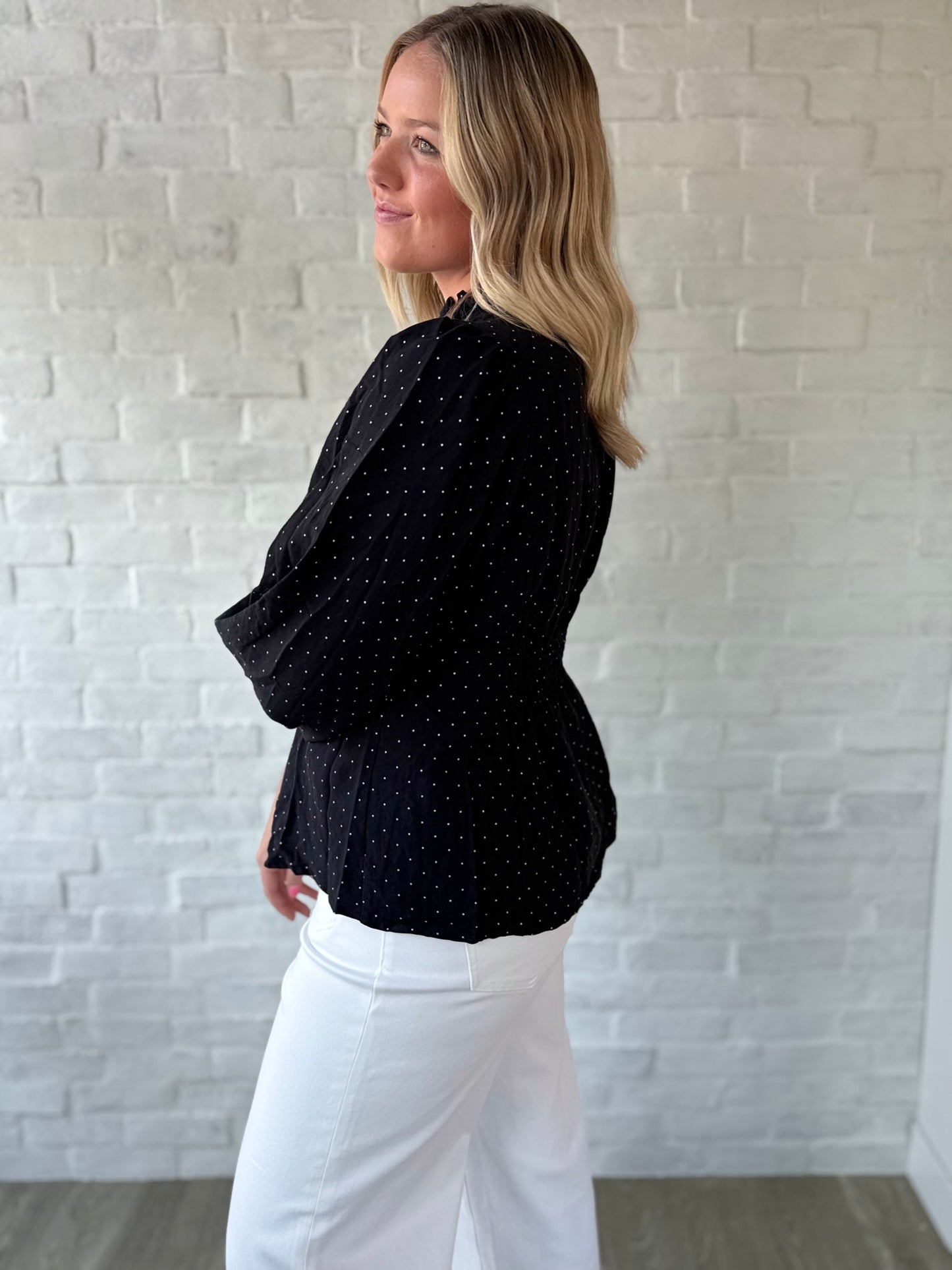 Black Mini Dot Ruffle Blouse