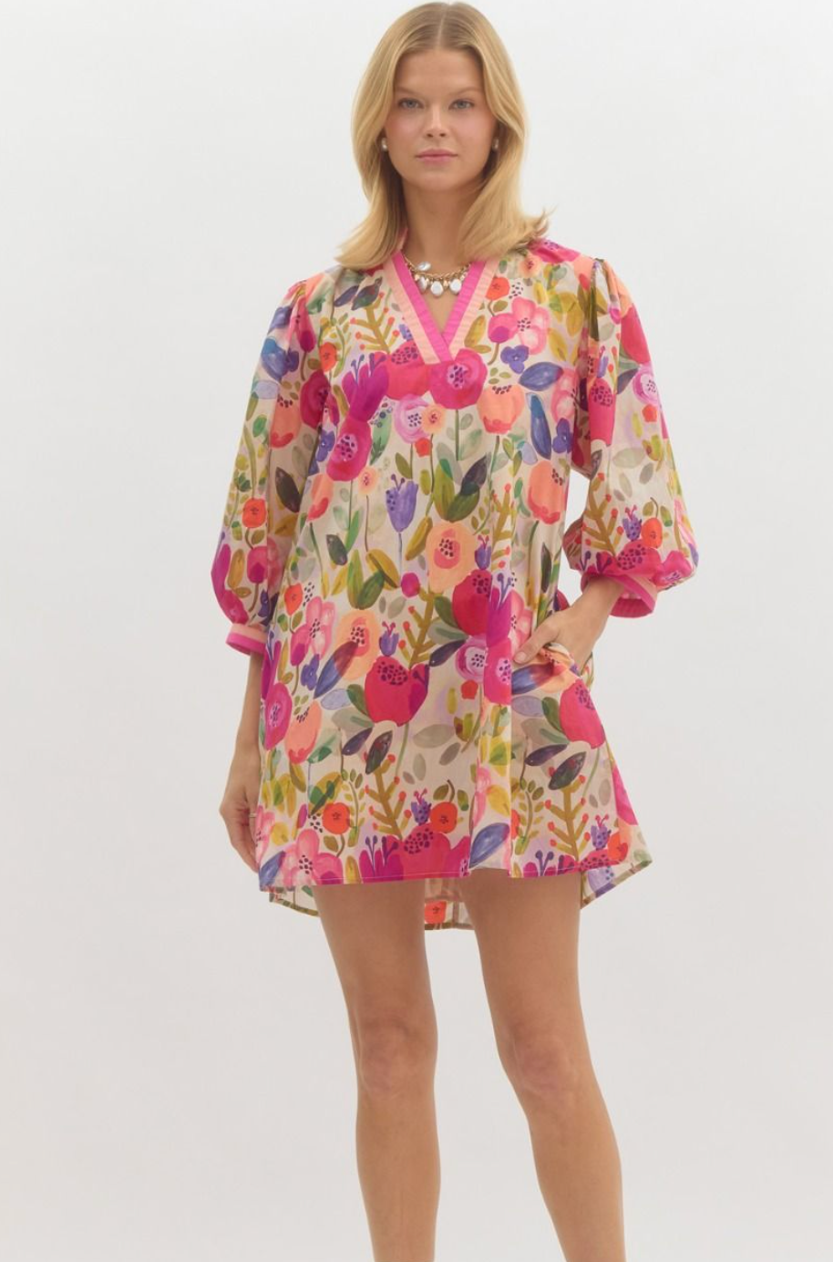 Spring Floral Elbow Sleeve Mini Dress