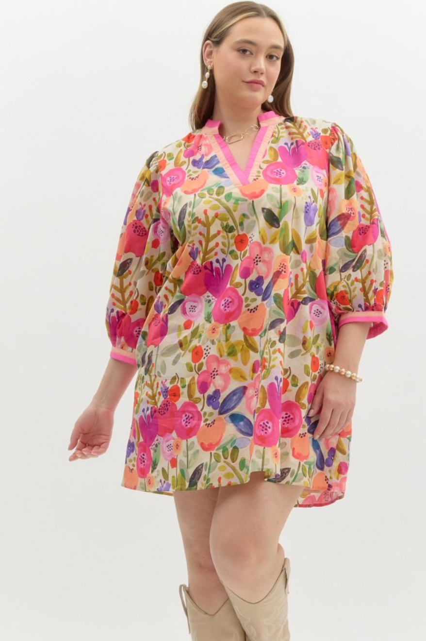 Spring Floral Elbow Sleeve Mini Dress