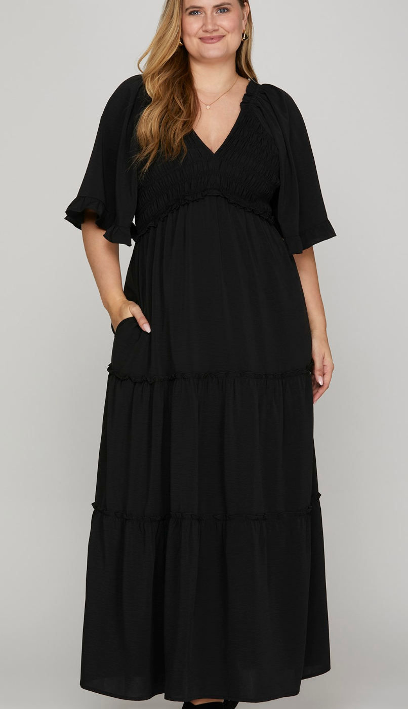Black Flutter Sleeve Midi Dress