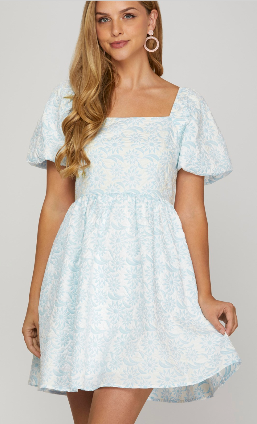 Light Blue Floral Puff Sleeve Mini Dress