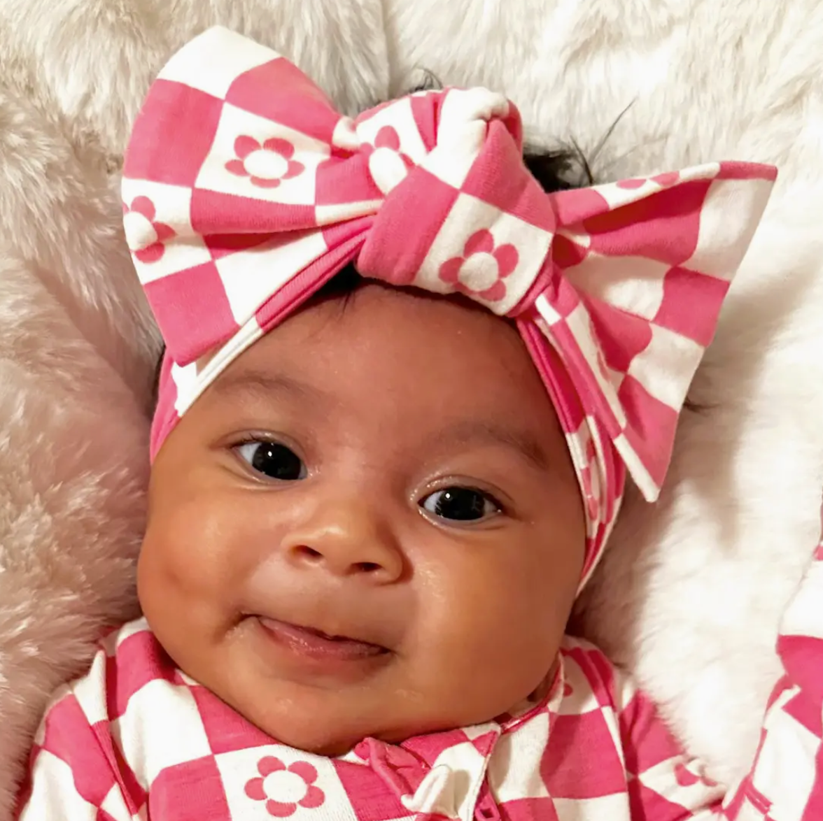 Flower Pink Checkered Bow