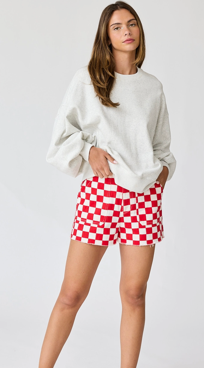 Red + White Checkered Denim Shorts