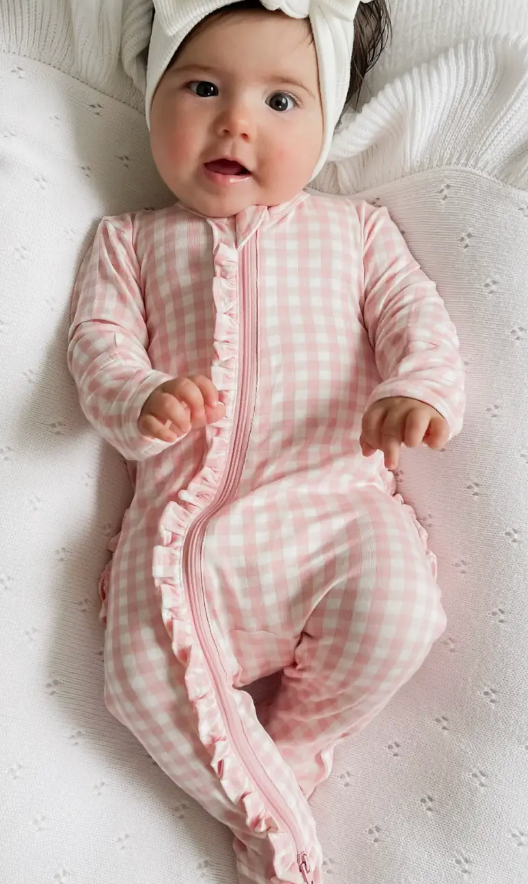 Spearmint Love Pink Gingham Ruffle Onesie