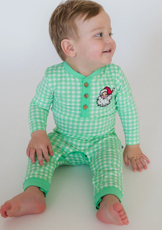 Ruffle Butts Green Santa Henley Romper