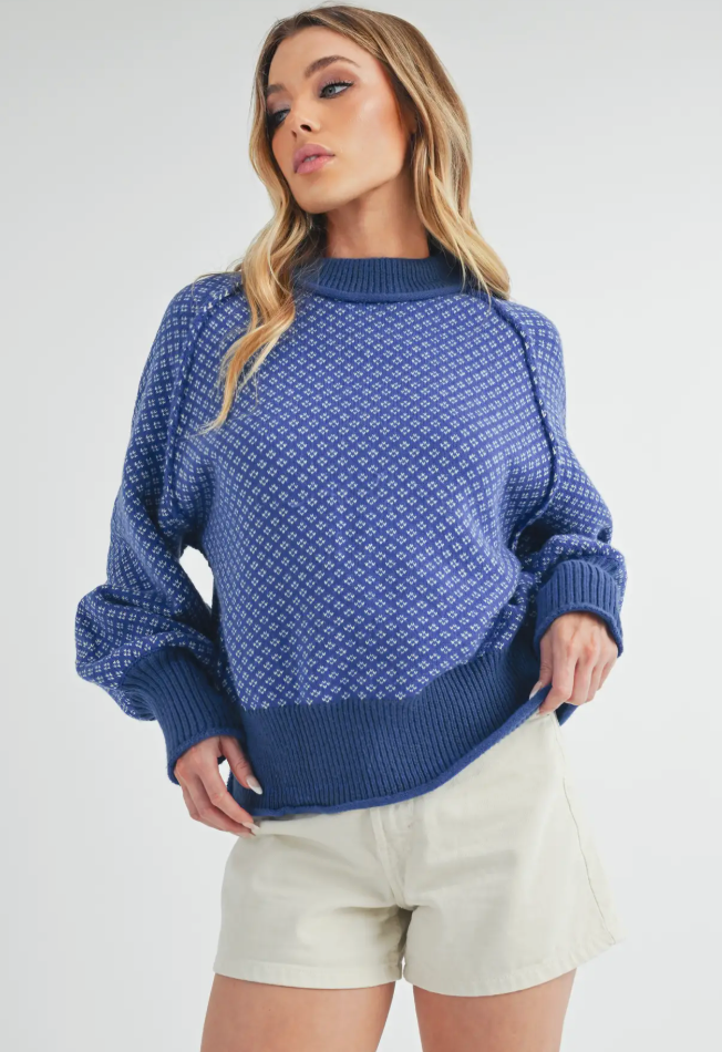 Blue Patterned Drop Shoulder Sweater