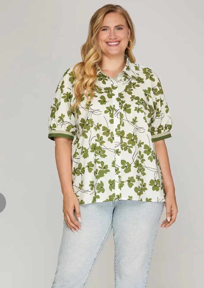 Cream + Green Floral Button Blouse