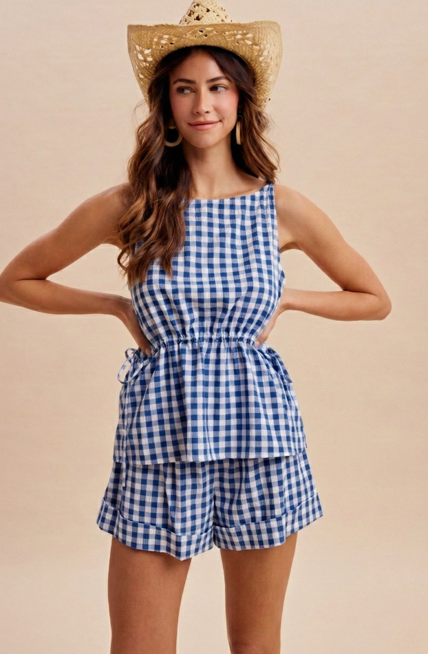 Blue + White Gingham Tank + Shorts Set