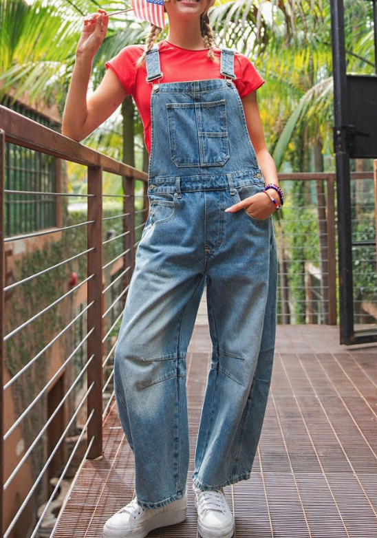 Denim Barrel Leg Overalls