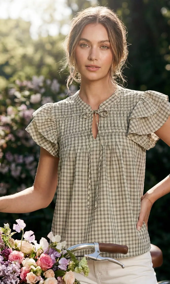 Taupe Gingham Ruffle Blouse
