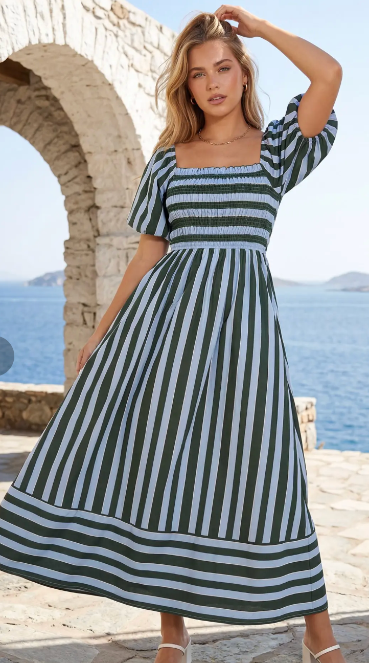 Navy + Blue Puff Sleeve Maxi Dress