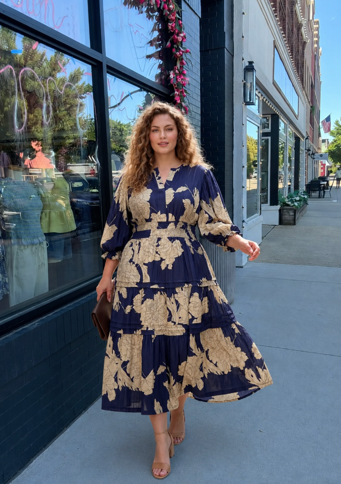 Navy Floral Woven Midi Dress XL