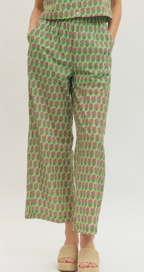 Green Botanical Print Pants