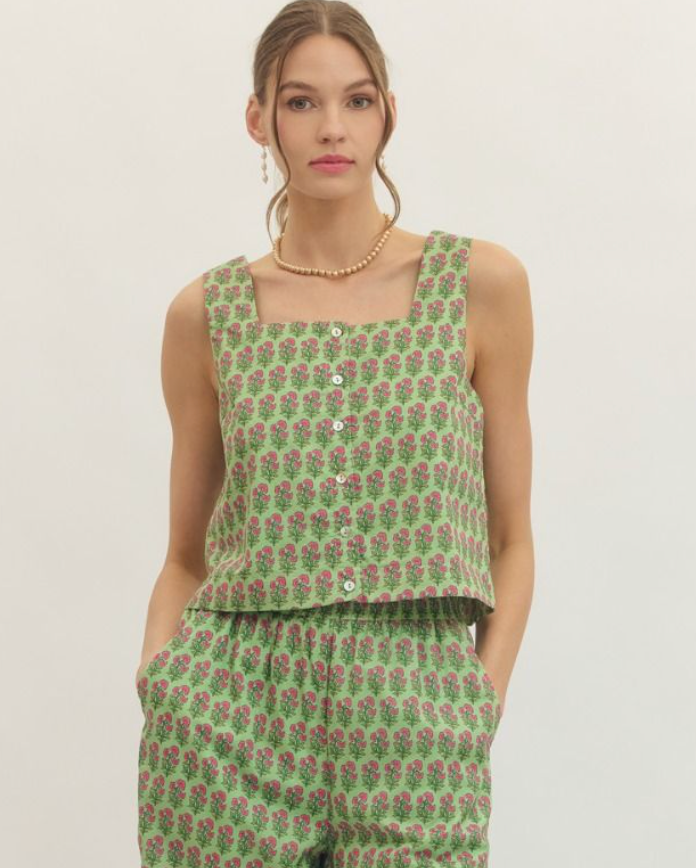 Green Botanical Print Tank Top Blouse