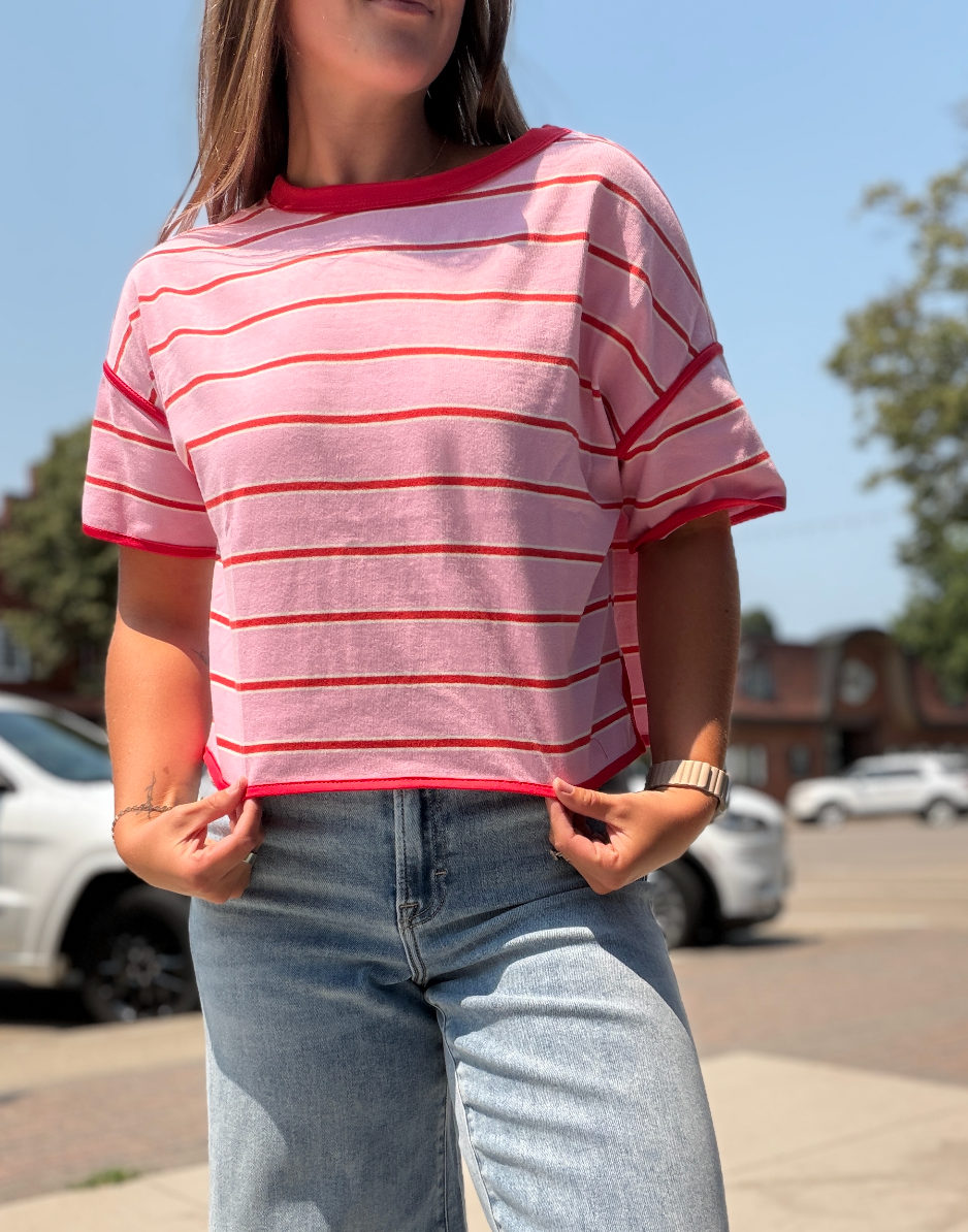 Pink + Red Stripe Boxy Tee