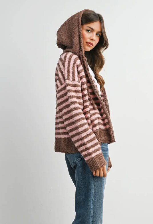 Pink + Brown Striped Hooded Zip Jacket