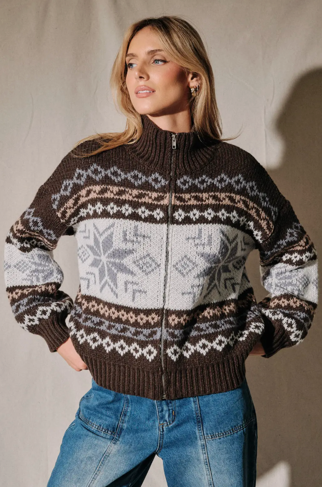 Brown Snow Flake Zip Sweater