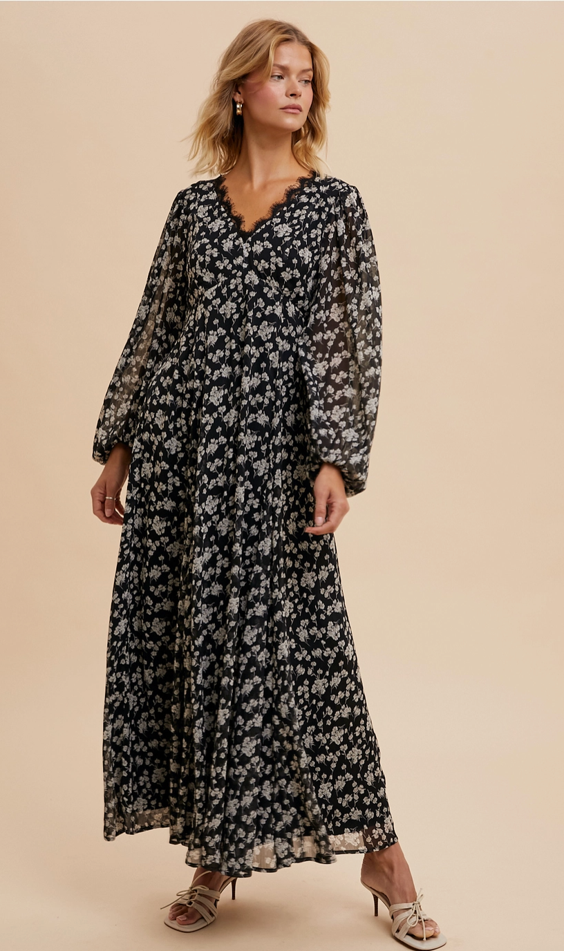 Black Floral Lace Midi Dress