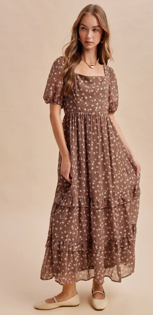 Latte Floral Sqaure Neck Midi Dress
