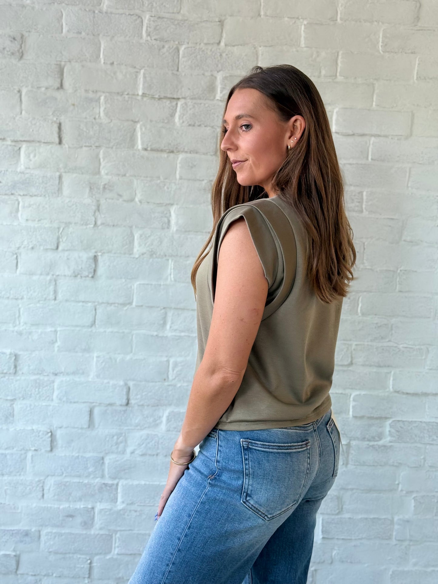 Olive Double Banded Sleeve Scuba Top