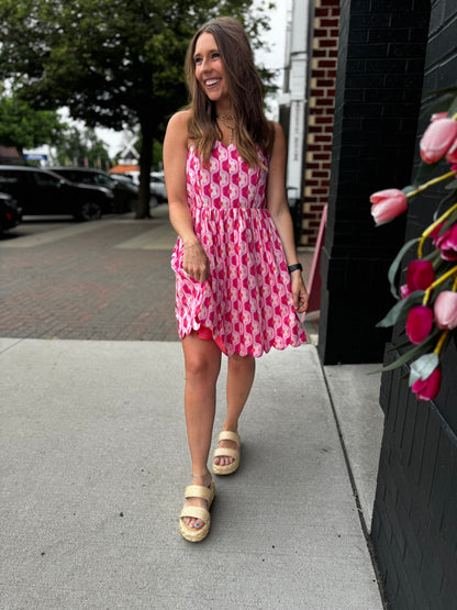 Retro Pink Floral Mini Bow Dress