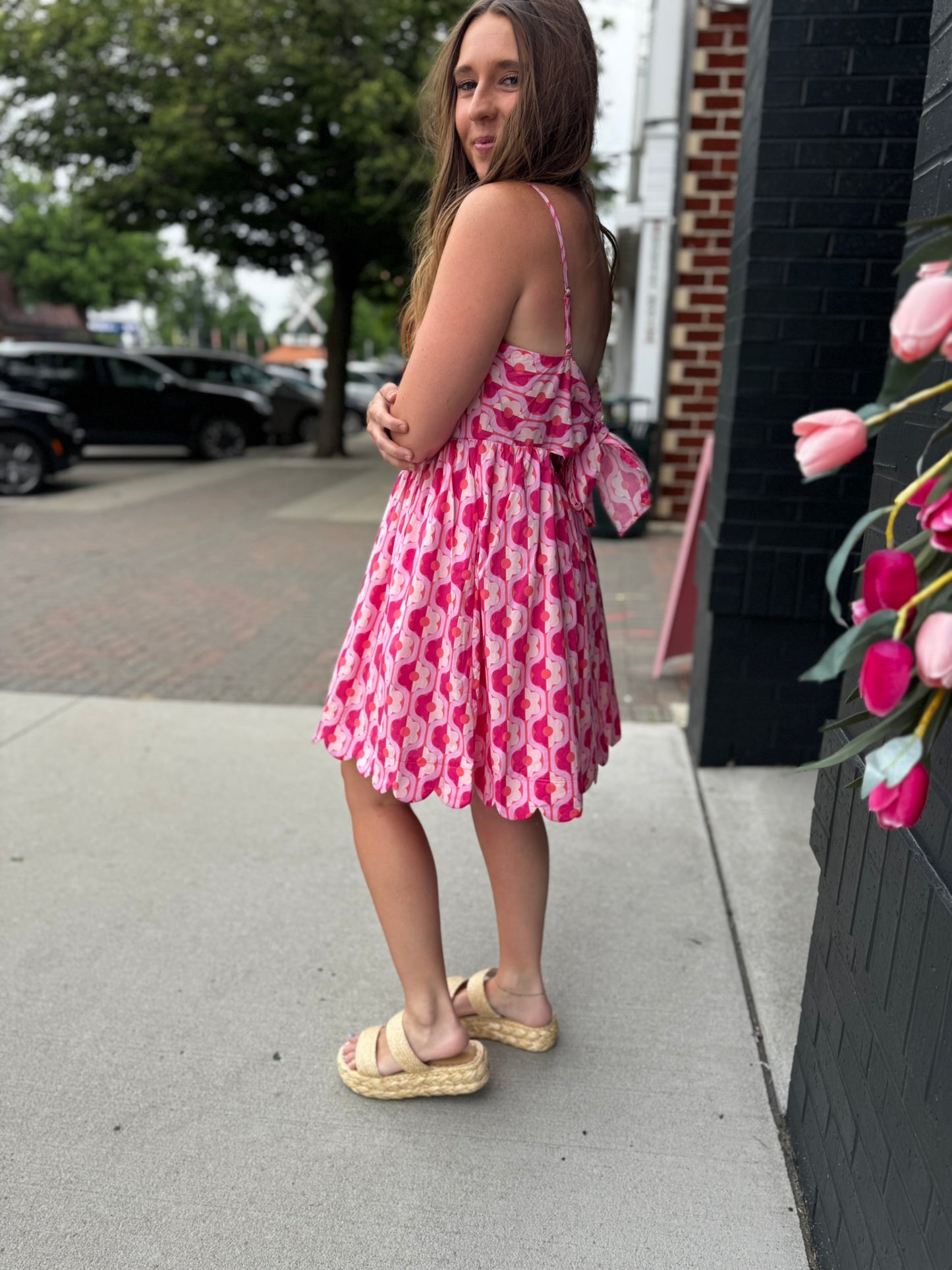 Retro Pink Floral Mini Bow Dress