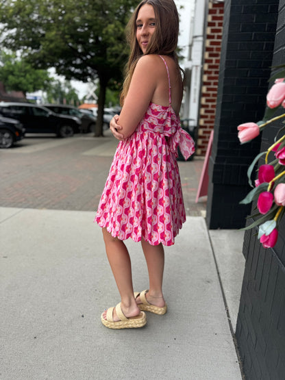Retro Pink Floral Mini Bow Dress