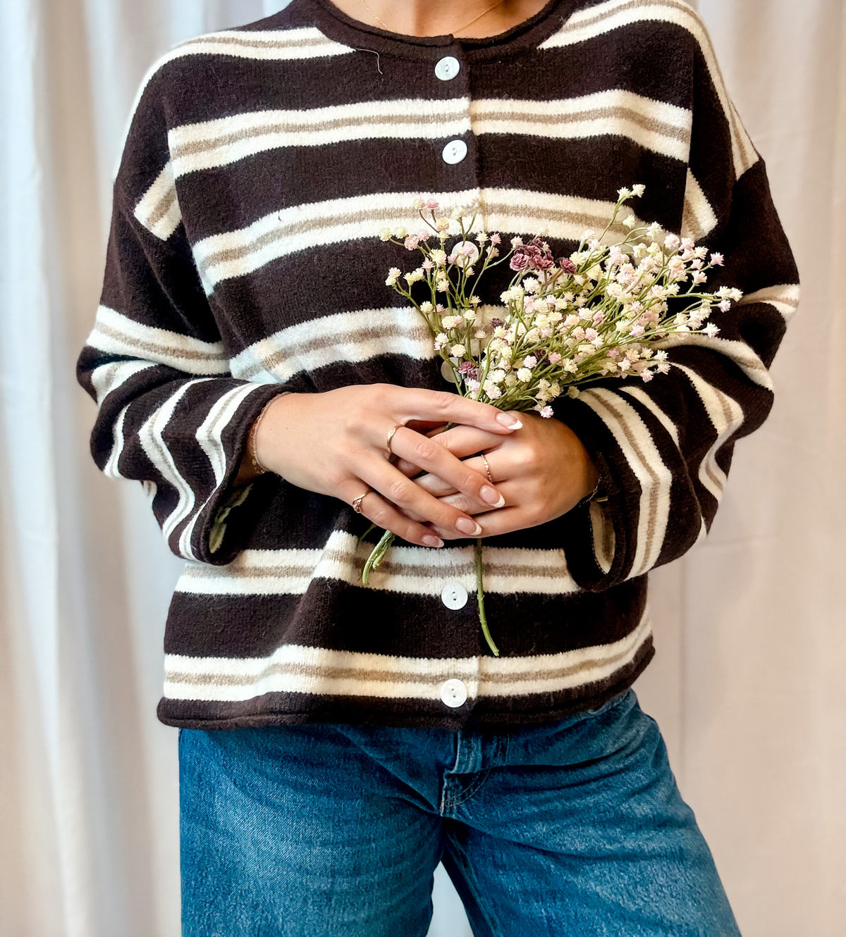 Dark Brown + Mocha Stripe Button Sweater