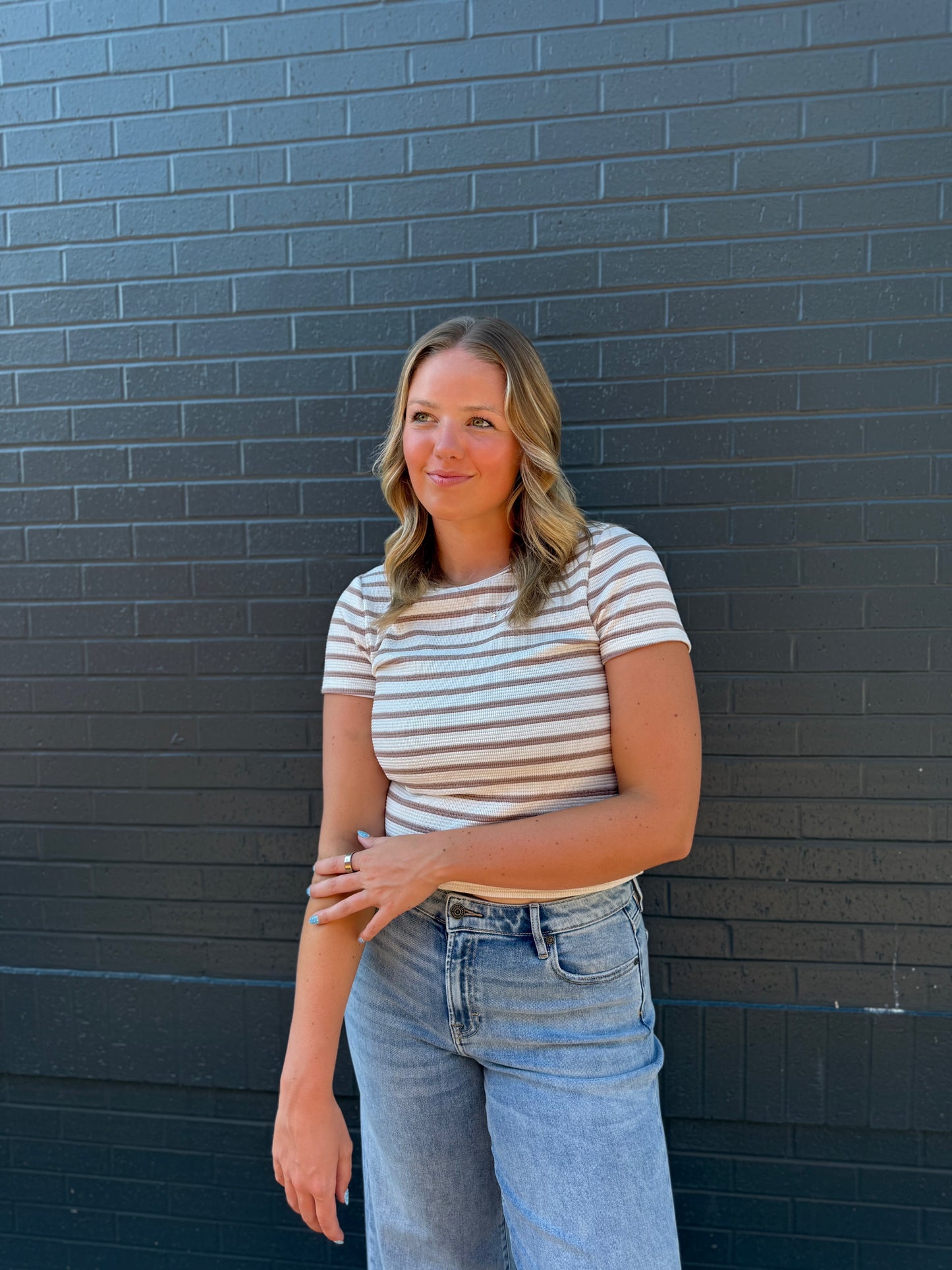 Taupe + Cream Stripe SS Tee