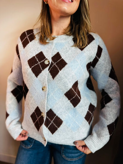 Gray + Brown Argyle Button Sweater
