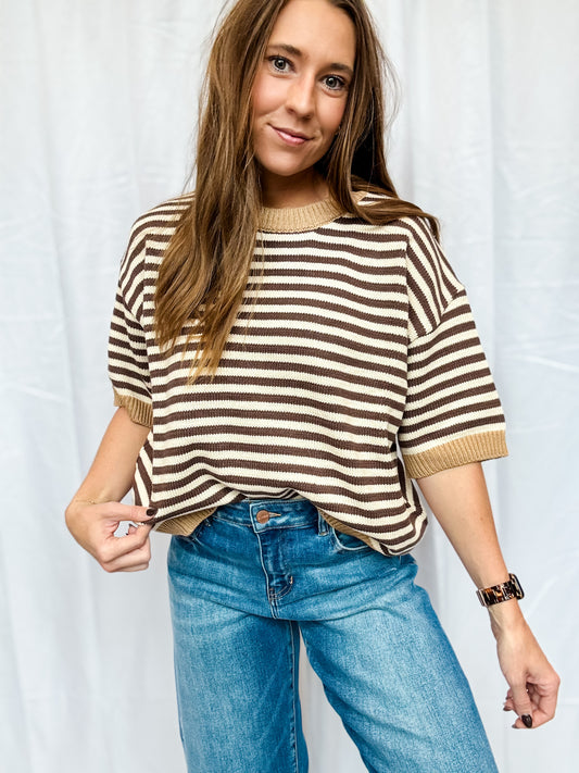 Brown + Cream Stripe Half Sleeve Sweater