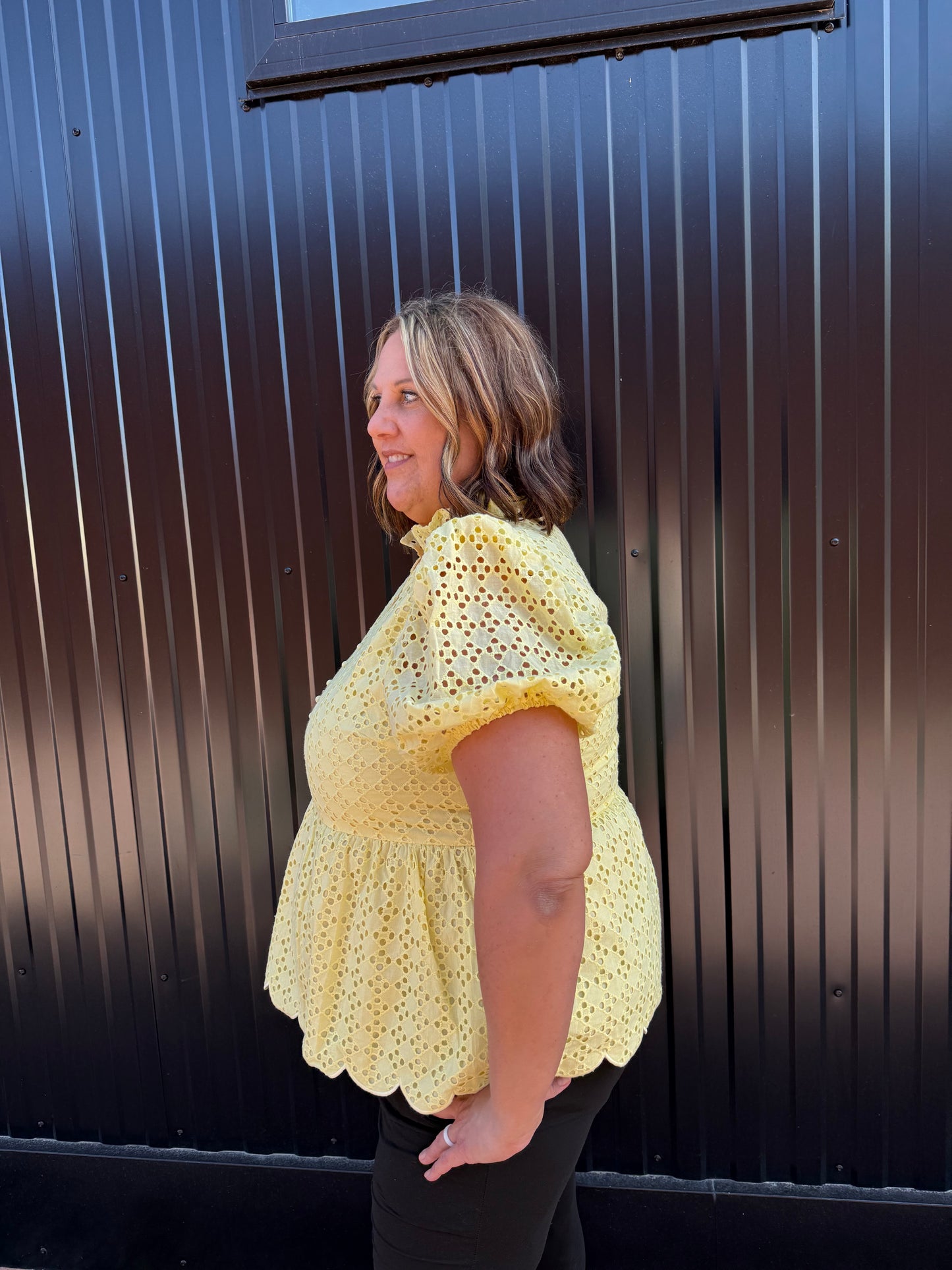 Yellow Eyelet Puff Sleeve Blouse
