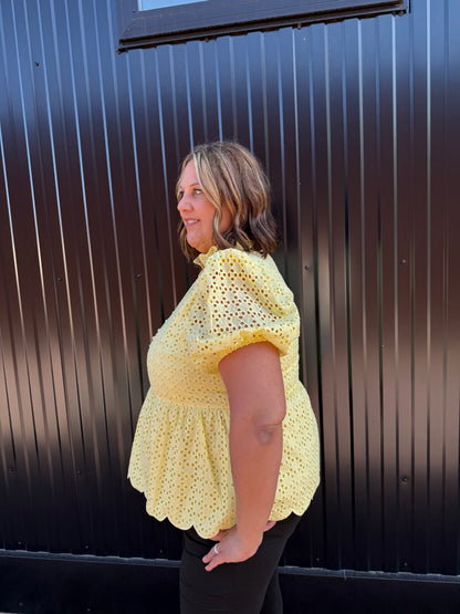 Yellow Eyelet Puff Sleeve Blouse